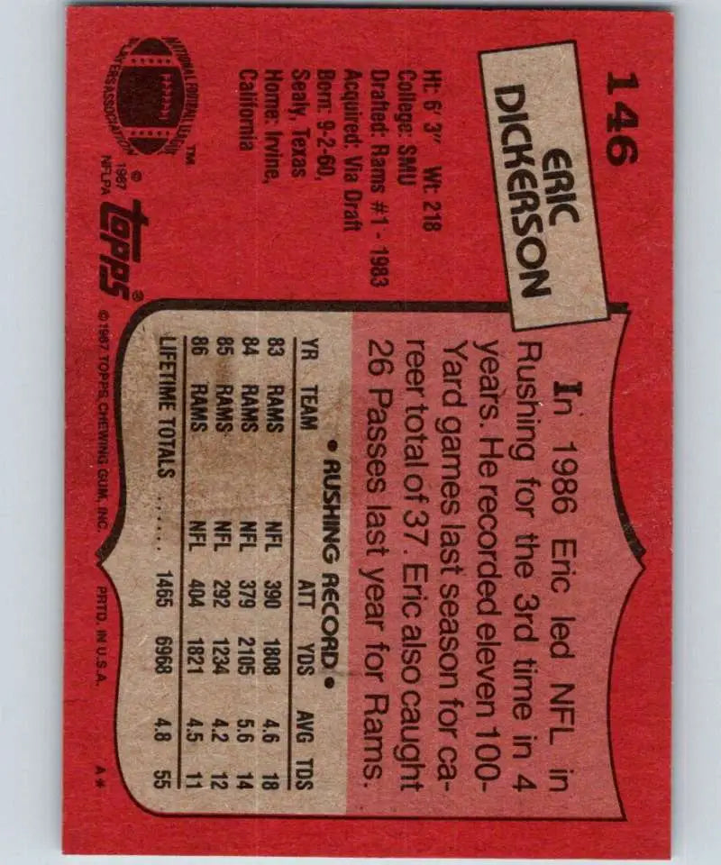 1987 Topps #146 Eric Dickerson EX Excellent Los Angeles Rams Football Card - Football Card Single