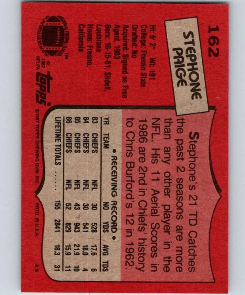 1987 Topps #162 Stephone Paige EX Excellent Kansas City Chiefs Football Card - Football Card Single