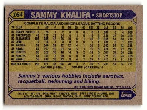 Sammy Khalifa Pittsburgh baseball card from 1987 Topps #164 Khalifa Pittsburgh Pirates