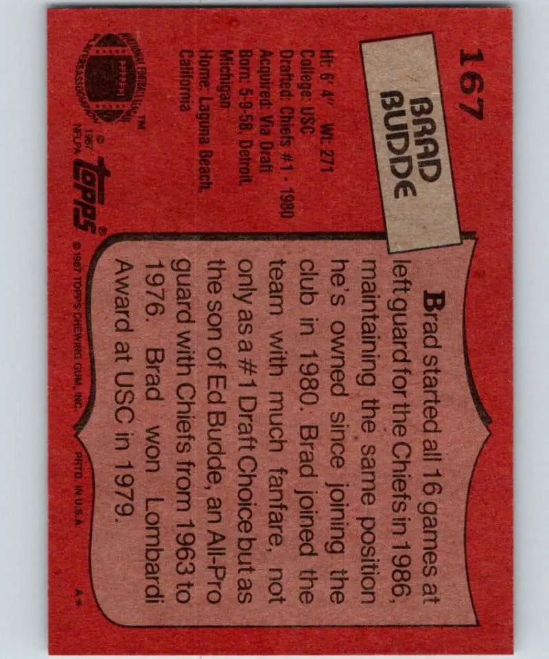 1987 Topps #167 Brad Budde EX Excellent Kansas City Chiefs Football Card - Football Card Single