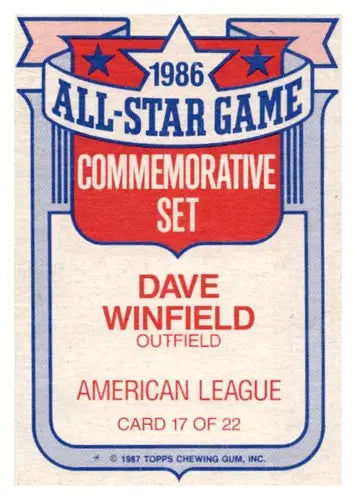 1987 Topps Dave Winfield baseball card featuring original gloss from Yankees baseball team