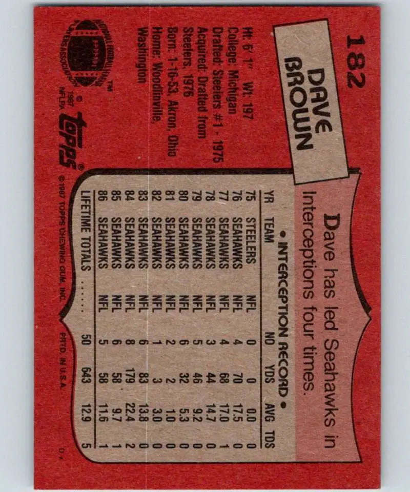 1987 Topps #182 Dave Brown EX Excellent Seattle Seahawks Football Card - Football Card Single