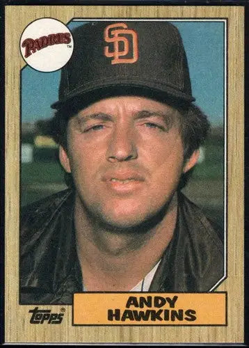 Vintage baseball card featuring Andy Hawkins in dark uniform from 1987 Topps NM-MT