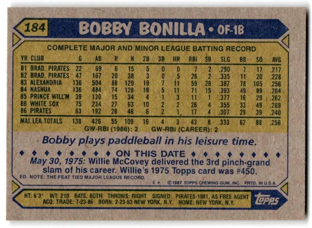 1987 Topps #184 Bobby Bonilla EX Excellent RC Rookie Pittsburgh Pirates Baseball Card - Baseball Card Single