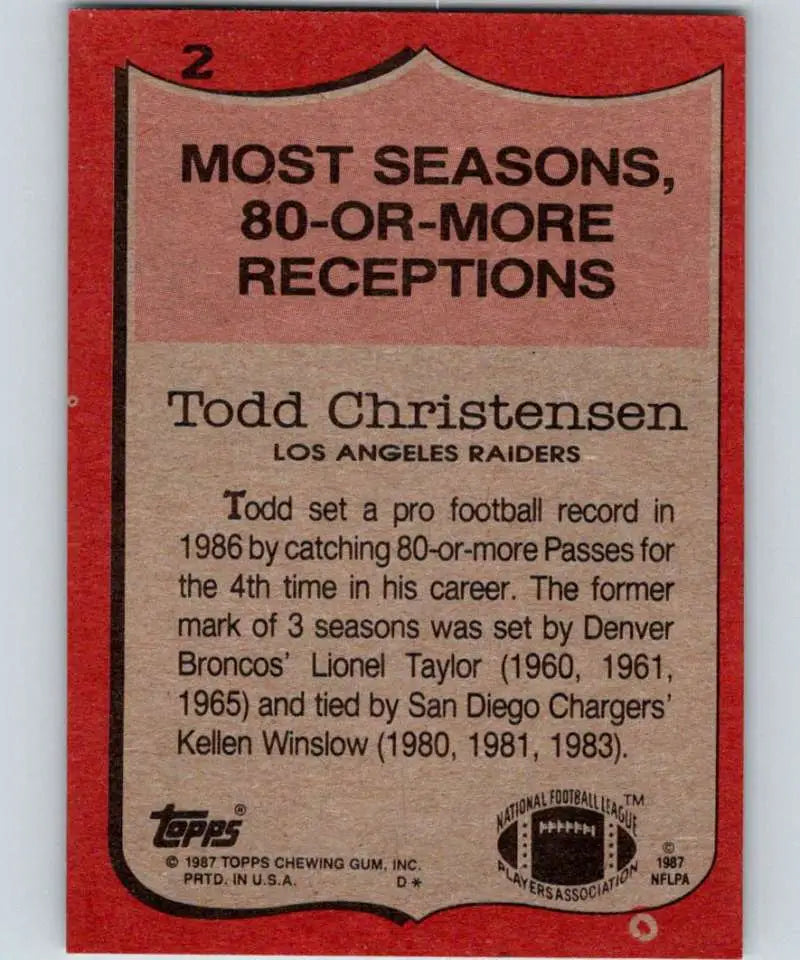 1987 Topps #2 Todd Christensen EX Excellent Los Angeles Raiders Football Card - Football Card Single