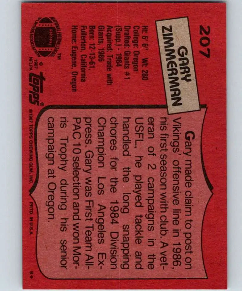 1987 Topps #207 Gary Zimmerman EX Excellent RC Rookie Minnesota Vikings Football Card - Football Card Single