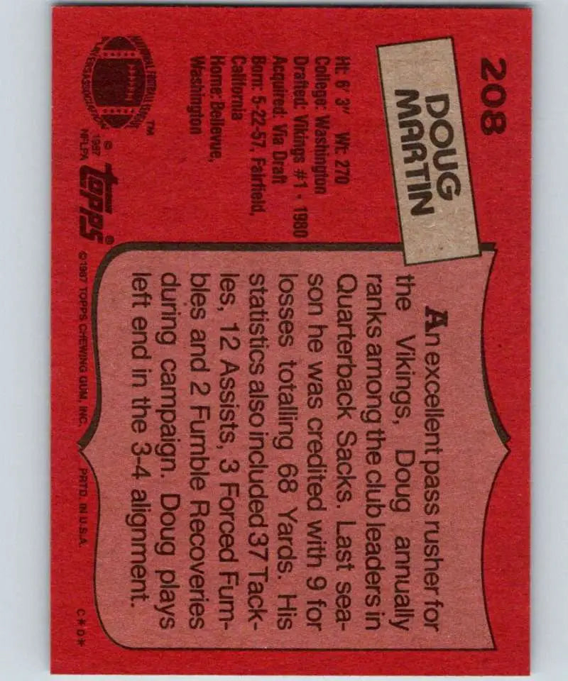1987 Topps #208 Doug Martin EX Excellent Minnesota Vikings Football Card - Football Card Single