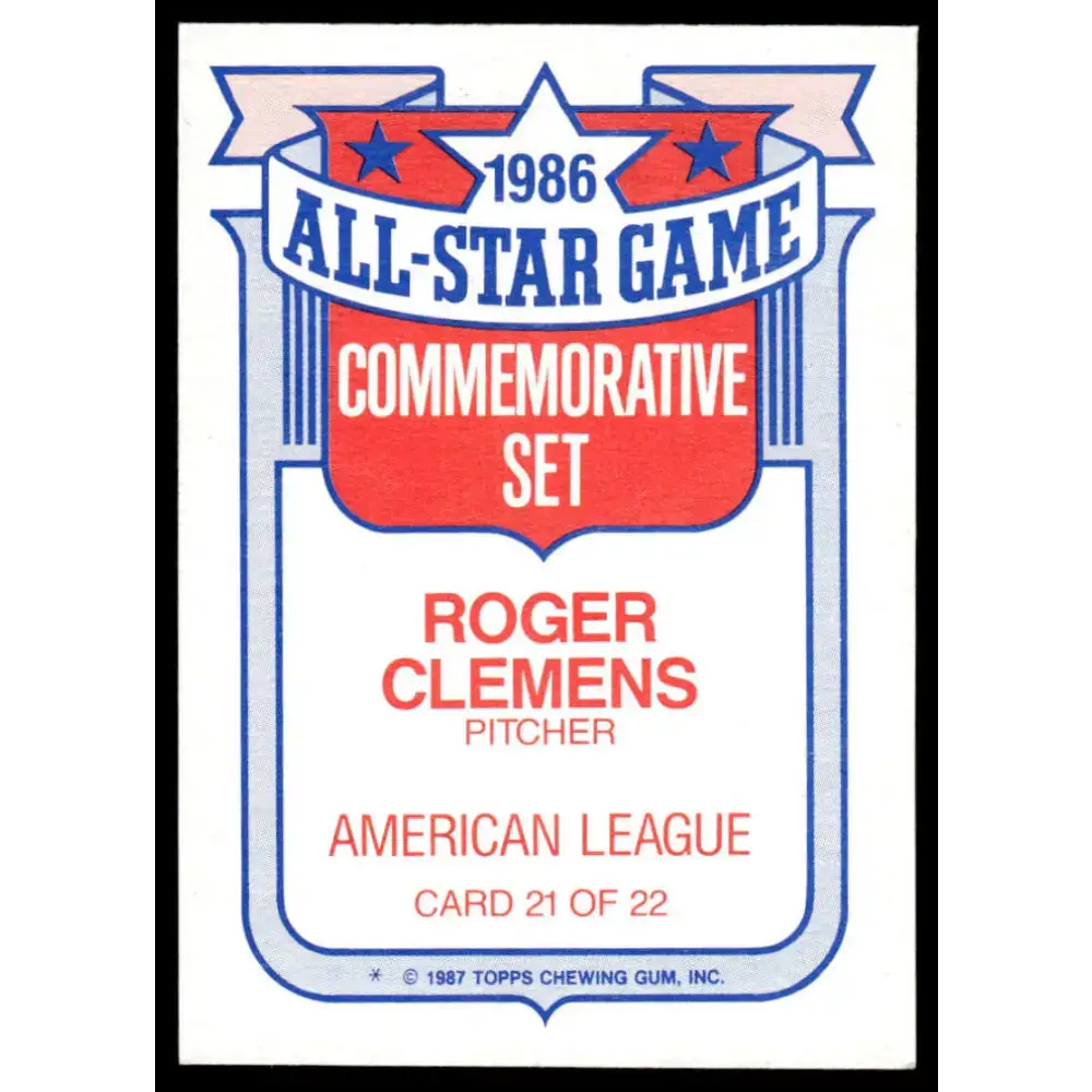 1987 Topps #21 Roger Clemens EX/NM Boston Red Sox Baseball Card - Baseball Card Single