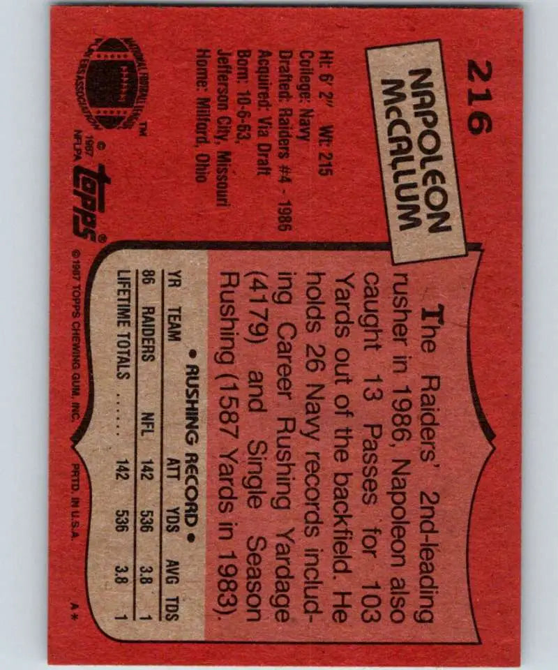 1987 Topps #216 Napoleon McCallum EX Excellent RC Rookie Los Angeles Raiders Football Card - Football Card Single
