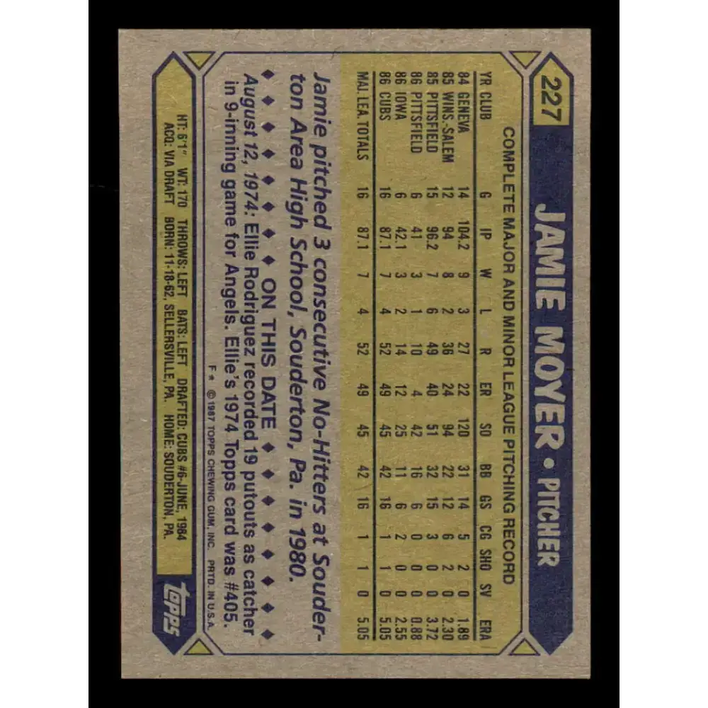 1987 Topps #227 Jamie Moyer EX Excellent RC Rookie Chicago Cubs Baseball Card - Baseball Card Single