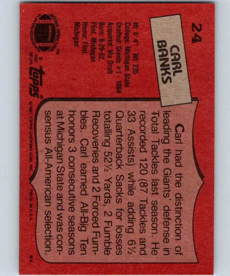 1987 Topps #24 Carl Banks EX Excellent New York Giants Football Card - Football Card Single