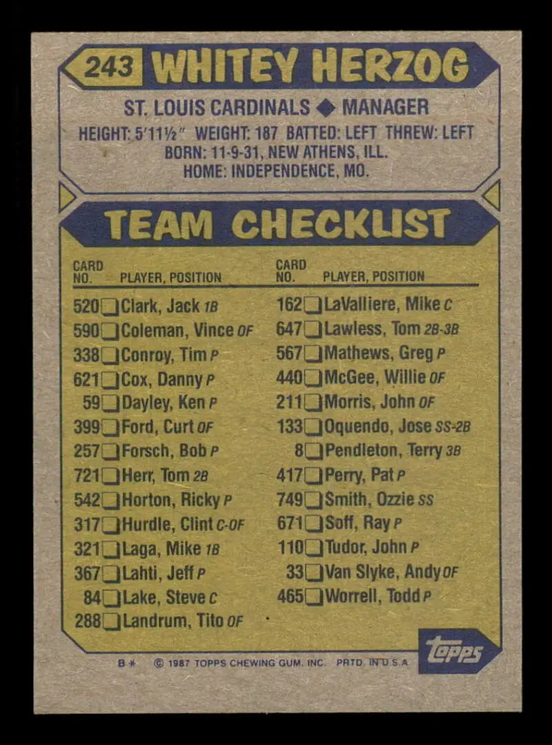 1987 Topps #243 Whitey Herzog EX Excellent St. Louis Cardinals Baseball Card - Baseball Card Single