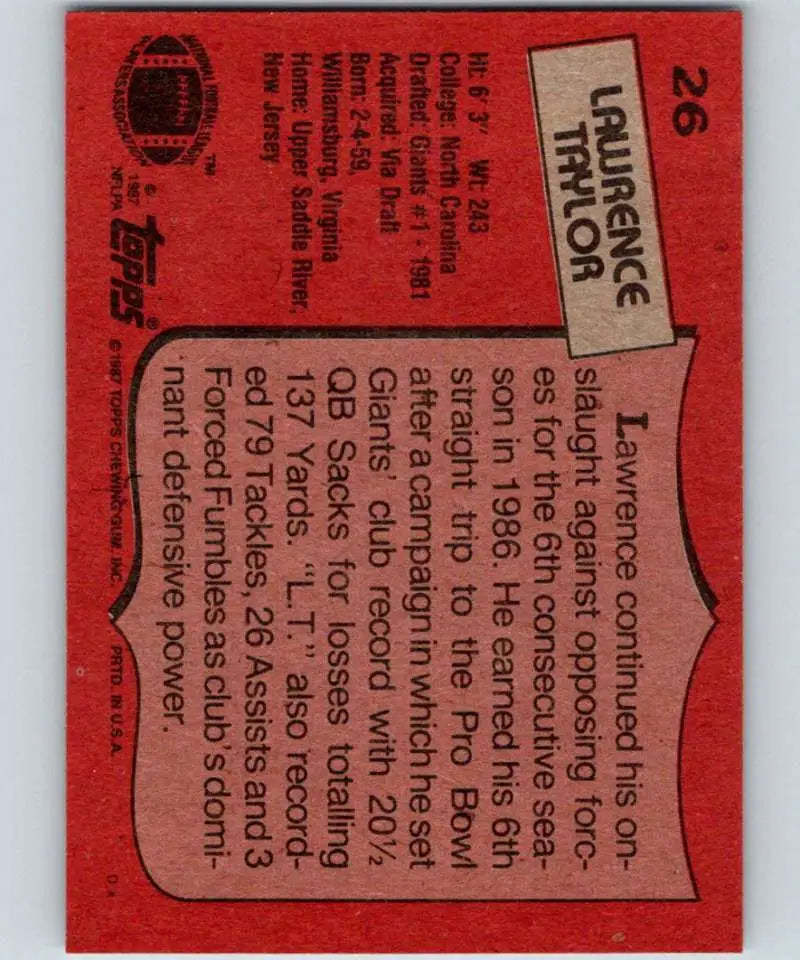 1987 Topps #26 Lawrence Taylor EX Excellent New York Giants Football Card - Football Card Single