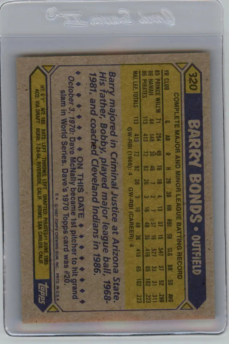1987 Topps #320 Barry Bonds EX Excellent RC Rookie Pittsburgh Pirates Baseball Card - Baseball Card Single