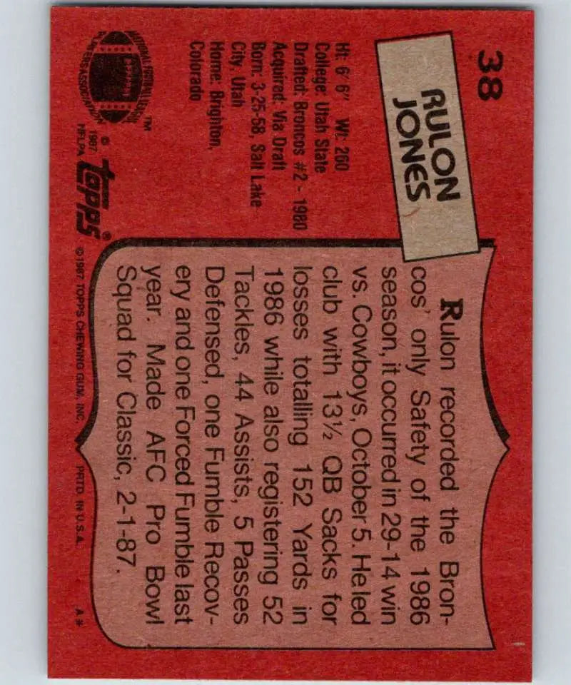 1987 Topps #38 Rulon Jones EX Excellent Denver Broncos Football Card - Football Card Single