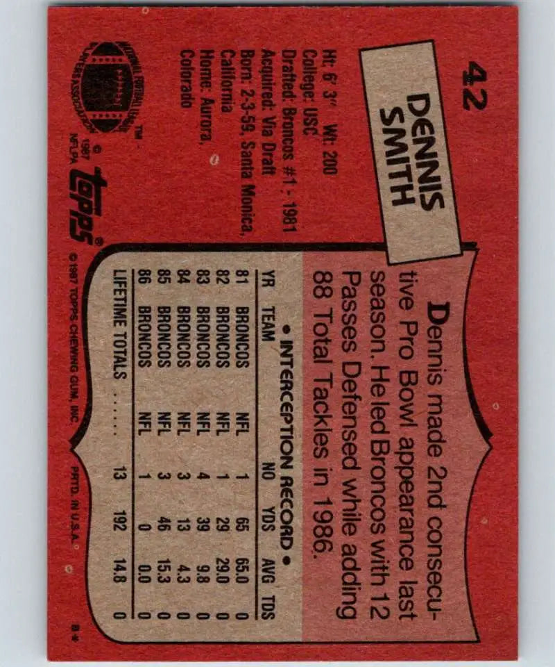 1987 Topps #42 Dennis Smith EX Excellent Denver Broncos Football Card - Football Card Single