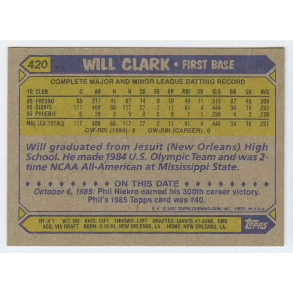 1987 Topps #420 Will Clark EX Excellent RC Rookie San Francisco Giants Baseball Card - Baseball Card Single