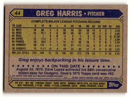 Greg Harris Texas Rangers baseball card from 1987 Topps #44 | EX/NM condition