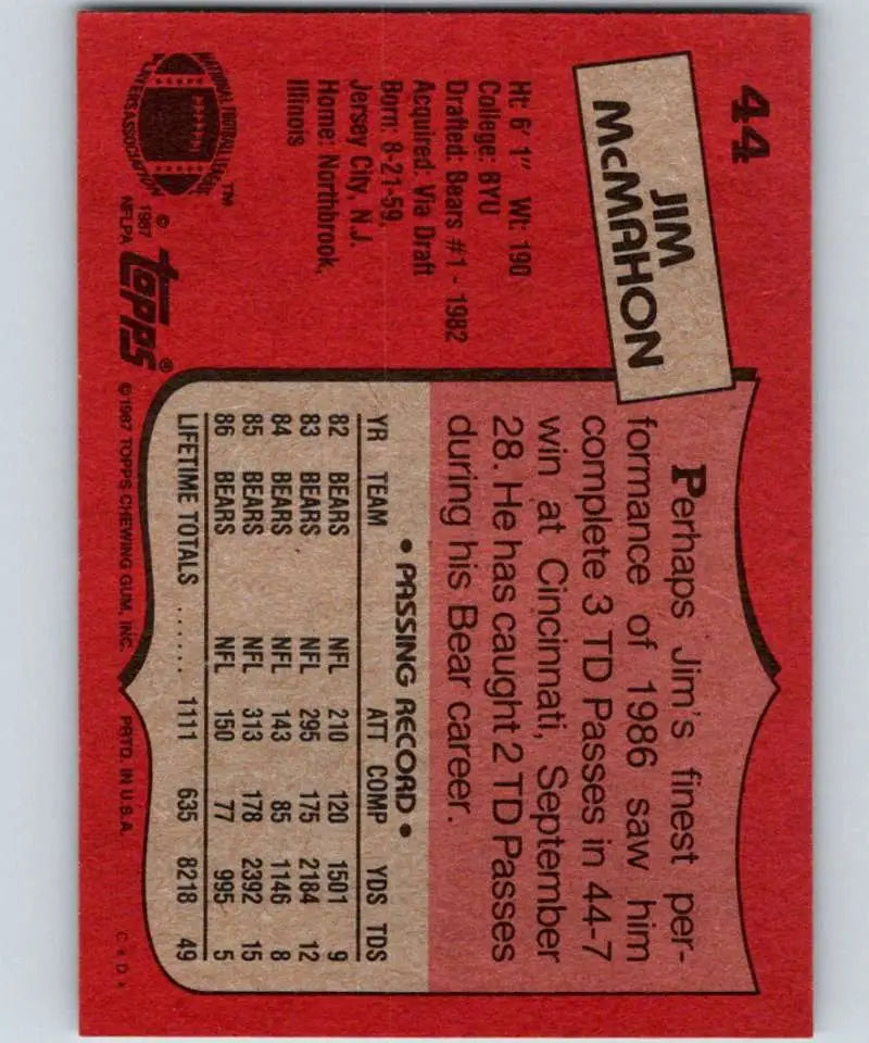 1987 Topps #44 Jim McMahon EX Excellent Chicago Bears Football Card - Football Card Single
