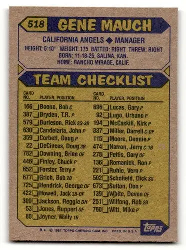 Vintage 1987 Topps Gene Mauch California Angels baseball card with original gloss