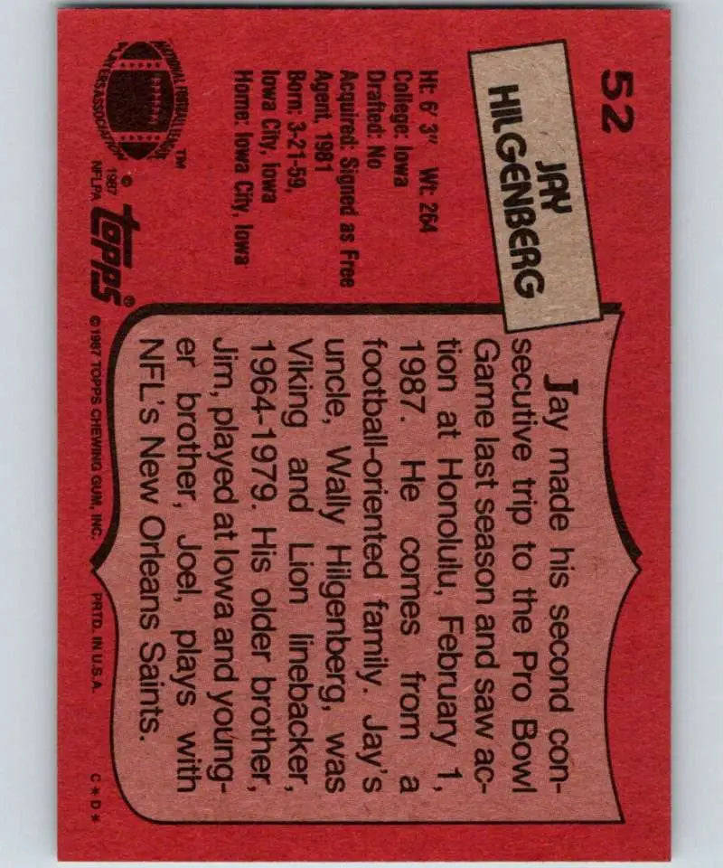 1987 Topps #52 Jay Hilgenberg EX Excellent Chicago Bears Football Card - Football Card Single