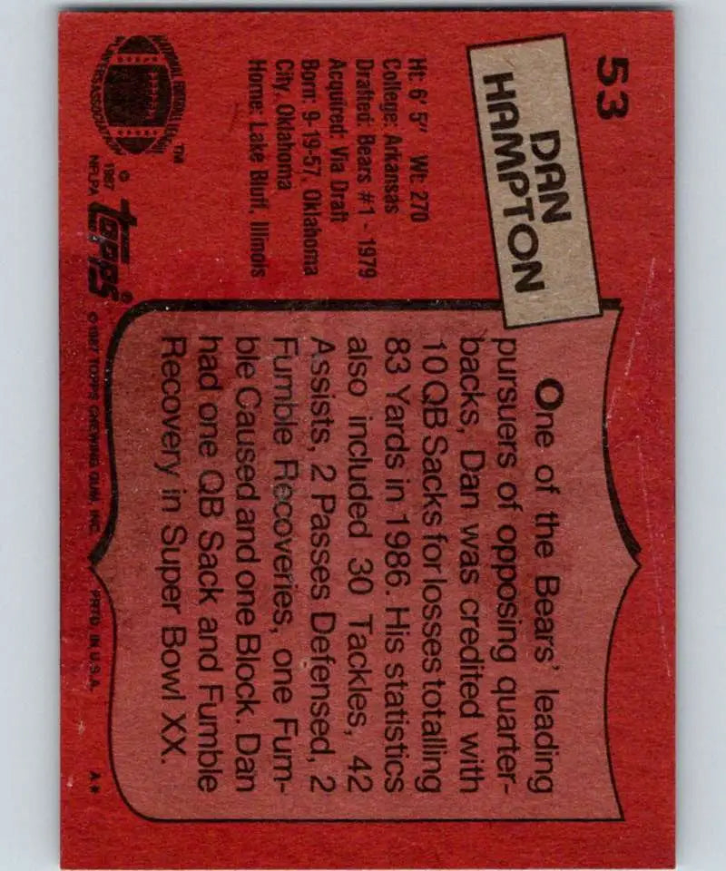 1987 Topps #53 Dan Hampton EX Excellent Chicago Bears Football Card - Football Card Single