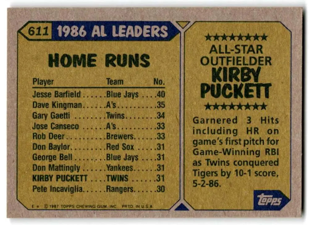1987 Topps #611 Kirby Puckett EX Excellent Minnesota Twins Baseball Card - Baseball Card Single