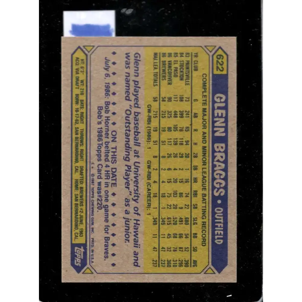 1987 Topps #622 Glenn Braggs EX Excellent RC Rookie Milwaukee Brewers Baseball Card - Baseball Card Single