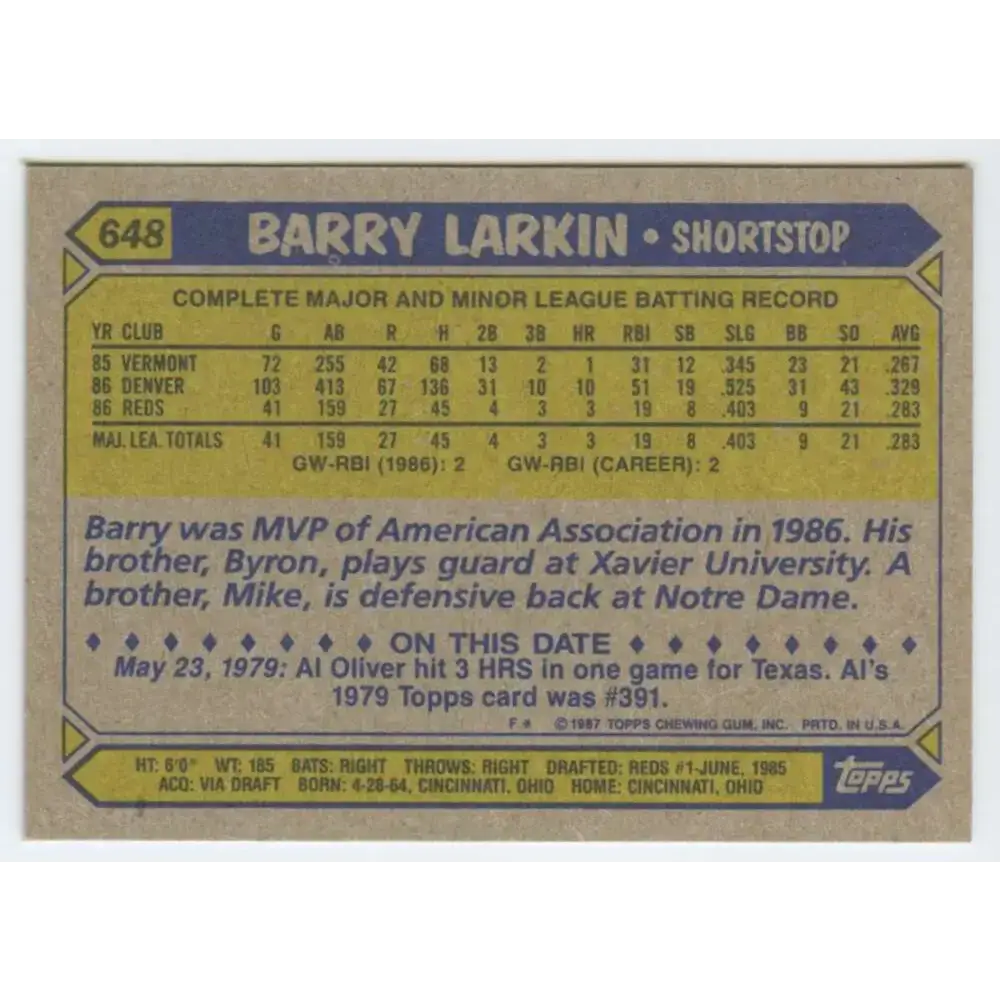 1987 Topps #648 Barry Larkin EX Excellent RC Rookie Cincinnati Reds Baseball Card - Baseball Card Single