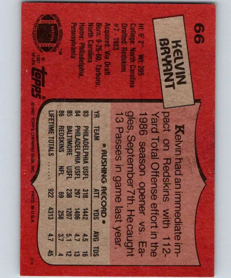 1987 Topps #66 Kelvin Bryant EX Excellent RC Rookie Washington Redskins Football Card - Football Card Single