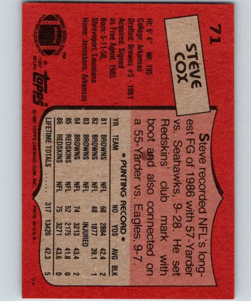 1987 Topps #71 Steve Cox EX Excellent Washington Redskins Football Card - Football Card Single