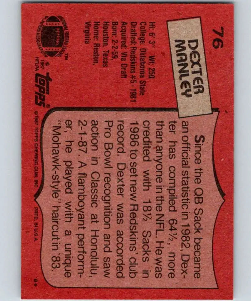 1987 Topps #76 Dexter Manley EX Excellent Washington Redskins Football Card - Football Card Single