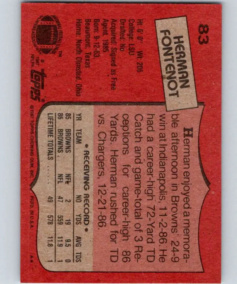 1987 Topps #83 Herman Fontenot EX Excellent Cleveland Browns Football Card - Football Card Single
