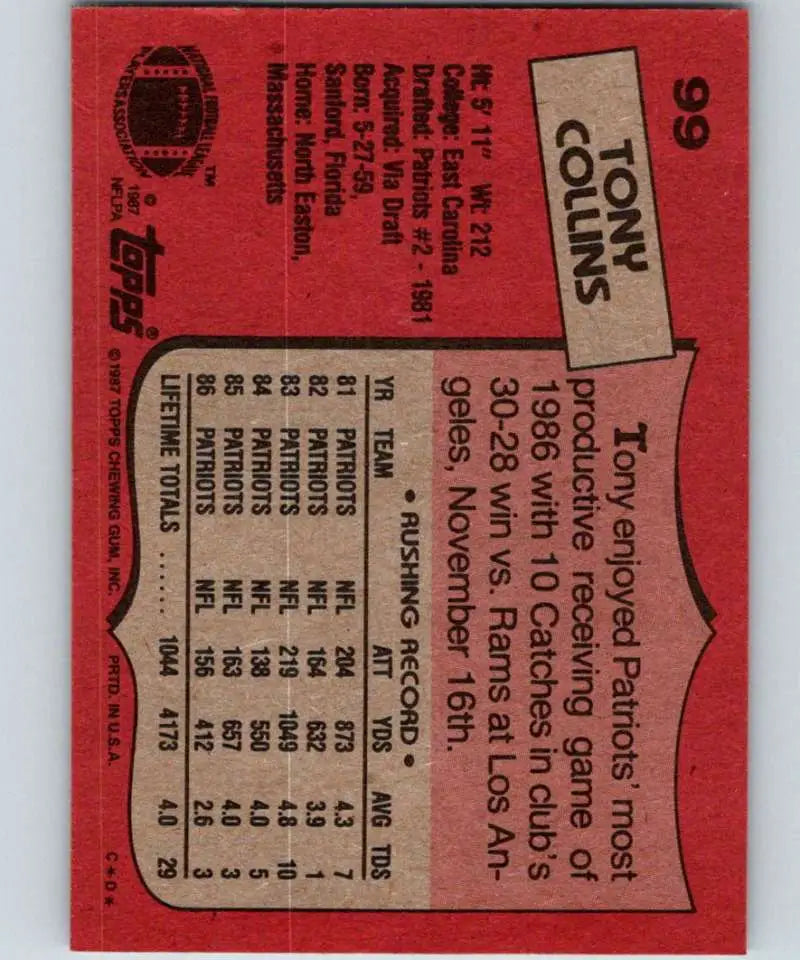 1987 Topps #99 Tony Collins EX Excellent New England Patriots Football Card - Football Card Single