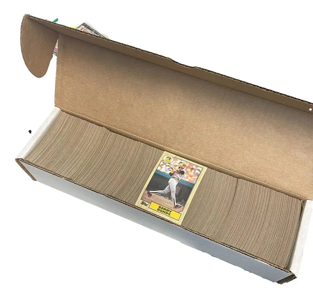 Box of 1987 Topps Baseball set featuring Bonds Rookie card on top
