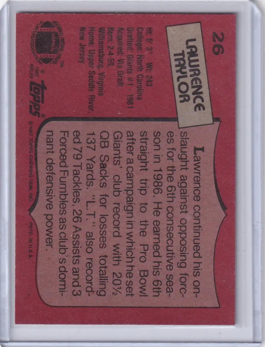 1987 Topps Football #26 Lawrence Taylor card featuring New York Giants star player
