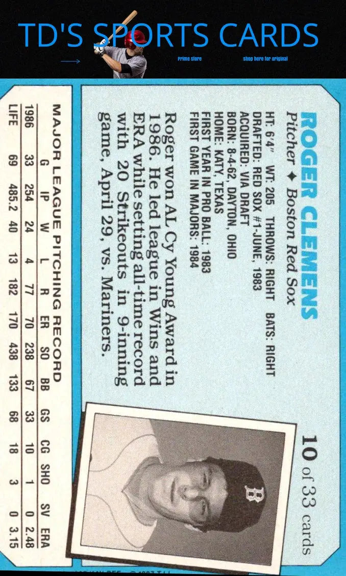 Roger Clemens baseball card from 1987 Topps Kay-Bee Superstars of Baseball collection