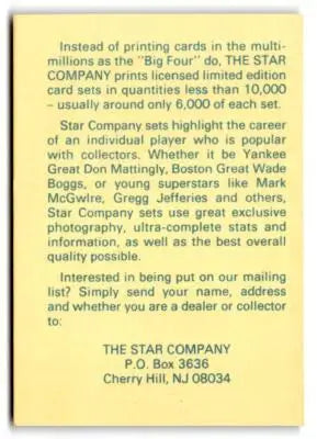 Yellow informational card from 1988-92 Star Ad Cards featuring NNO Sandy Alomar