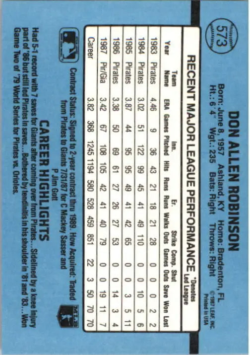 1988 Don Robinson Donruss Baseball Card #573 - Baseball Card Single
