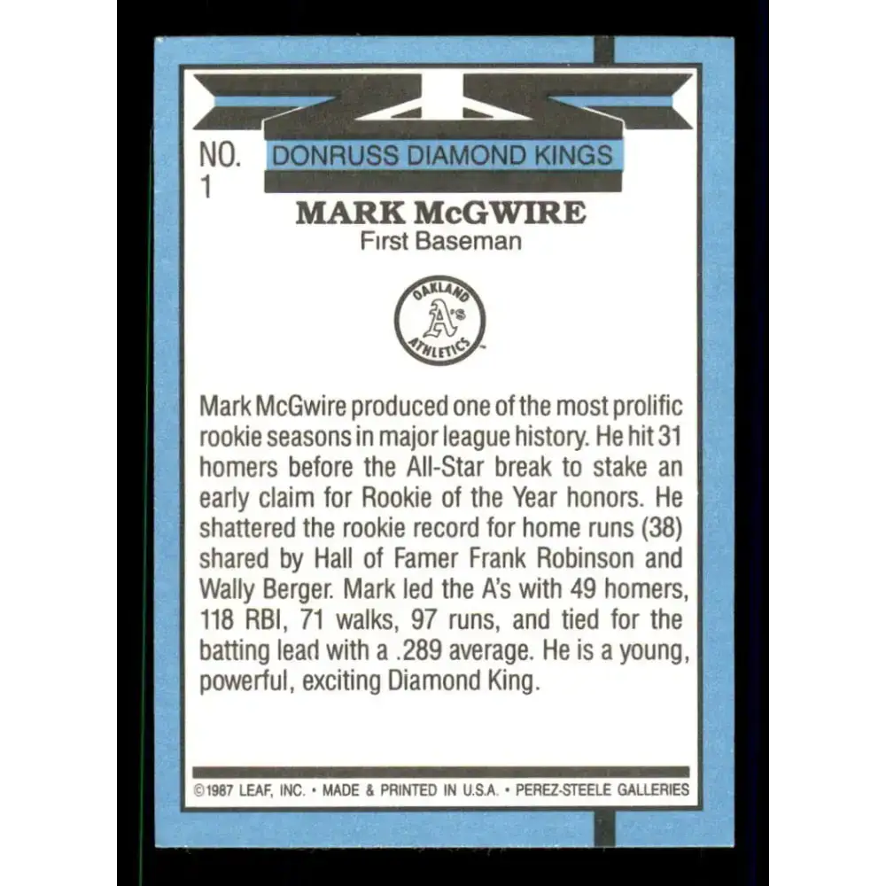 1988 Donruss #1 Mark McGwire DK EX Oakland Athletics Baseball Card - Baseball Card Single