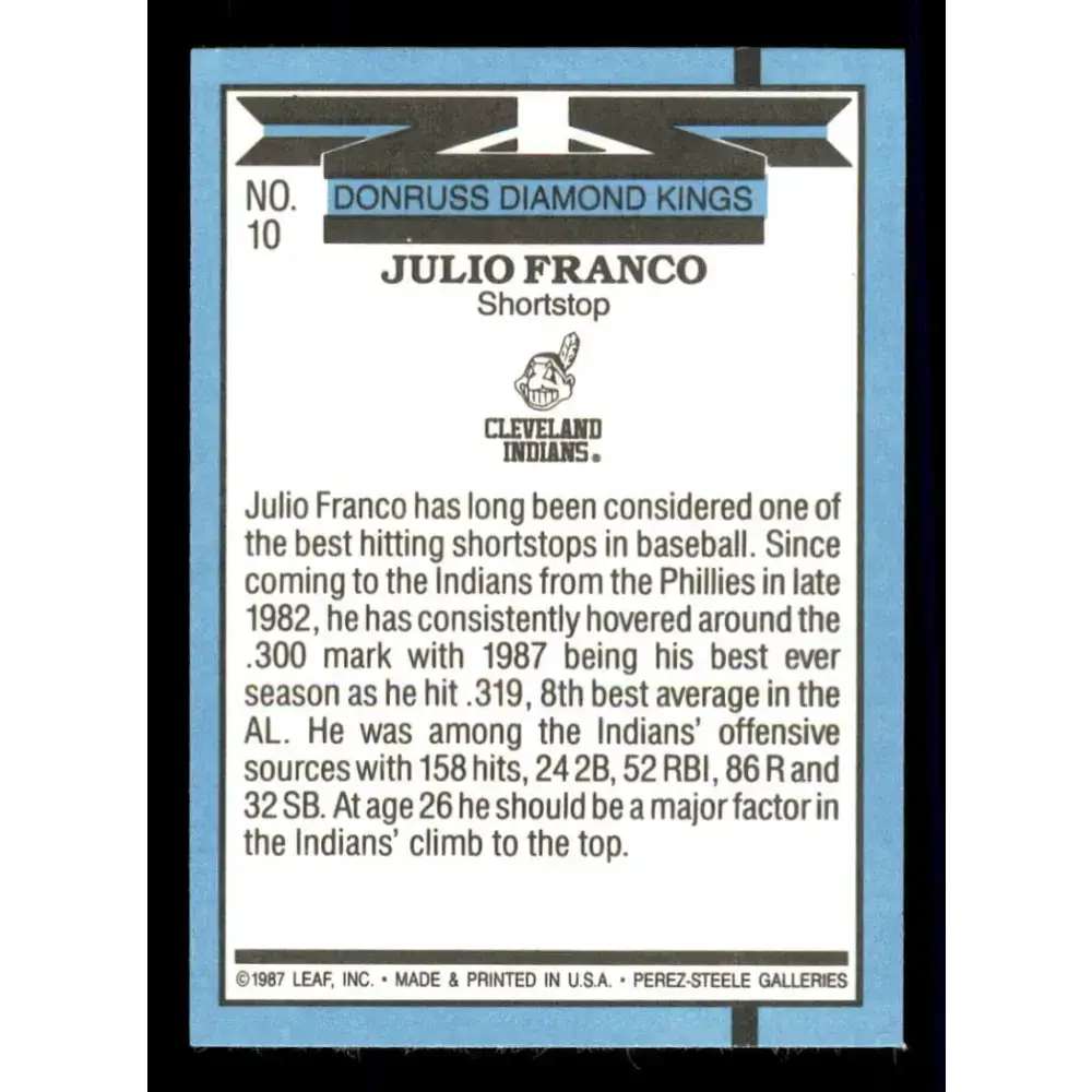 1988 Donruss #10 Julio Franco DK EX Cleveland Indians Baseball Card - Baseball Card Single