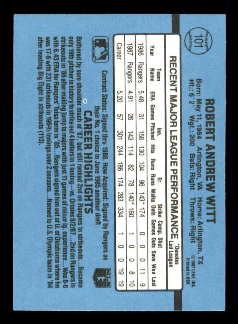 1988 Donruss #101 Bobby Witt NM-MT Texas Rangers Baseball Card - Baseball Card Single