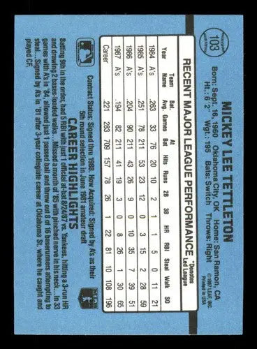 Original gloss Mickey Tettleton 1988 Donruss baseball card featuring Athletics team