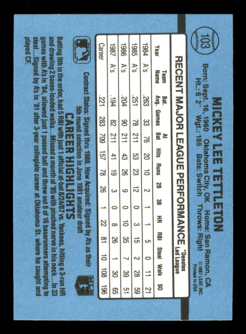1988 Donruss #103 Mickey Tettleton NM-MT Oakland Athletics Baseball Card - Baseball Card Single