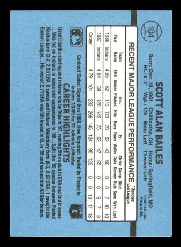 Original gloss of 1988 Donruss Scott Bailes baseball card featuring Indians team