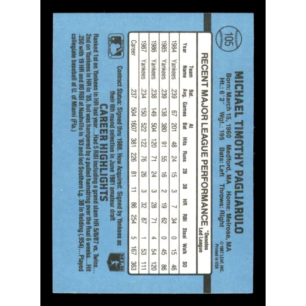 1988 Donruss #105 Mike Pagliarulo EX New York Yankees Baseball Card - Baseball Card Single