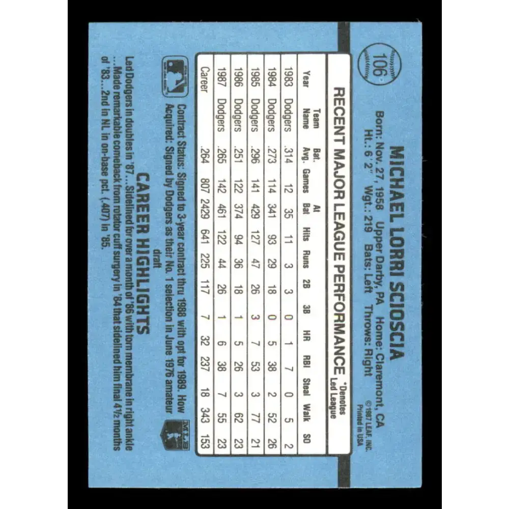 1988 Donruss #106 Mike Scioscia EX Los Angeles Dodgers Baseball Card - Baseball Card Single