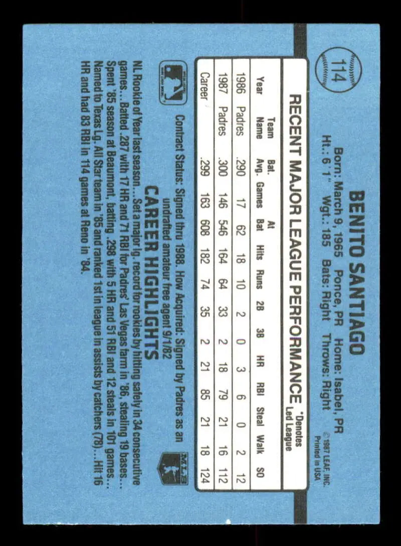 1988 Donruss #114 Benito Santiago NM-MT San Diego Padres Baseball Card - Baseball Card Single
