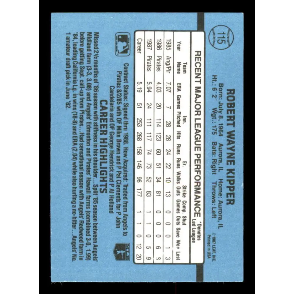 1988 Donruss #115 Bob Kipper EX Pittsburgh Pirates Baseball Card Image 2