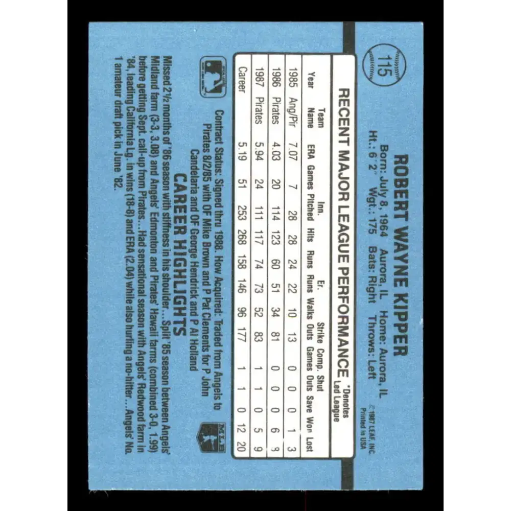 1988 Donruss #115 Bob Kipper EX Pittsburgh Pirates Baseball Card - Baseball Card Single